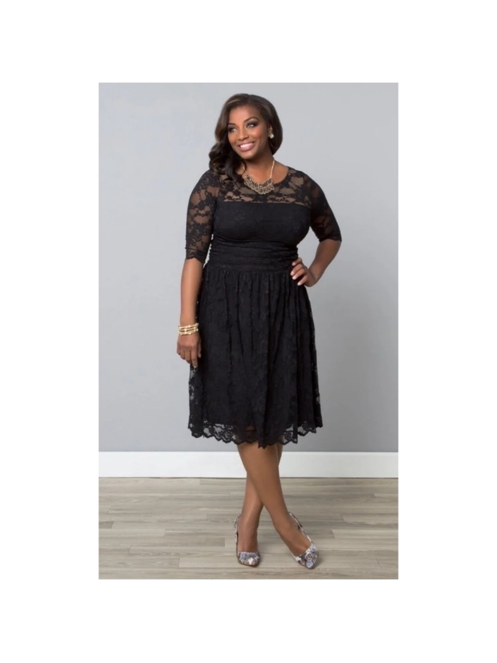 Kiyonna Black Luna Lace Cocktail Midi Dress Woman’s Plus Size 1X (14-16)
